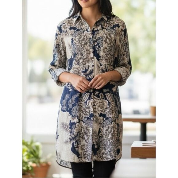 Soft Surroundings Tops - Soft Surroundings Floral Tunic Top XL Blue Cream Button Front Boho Blouse